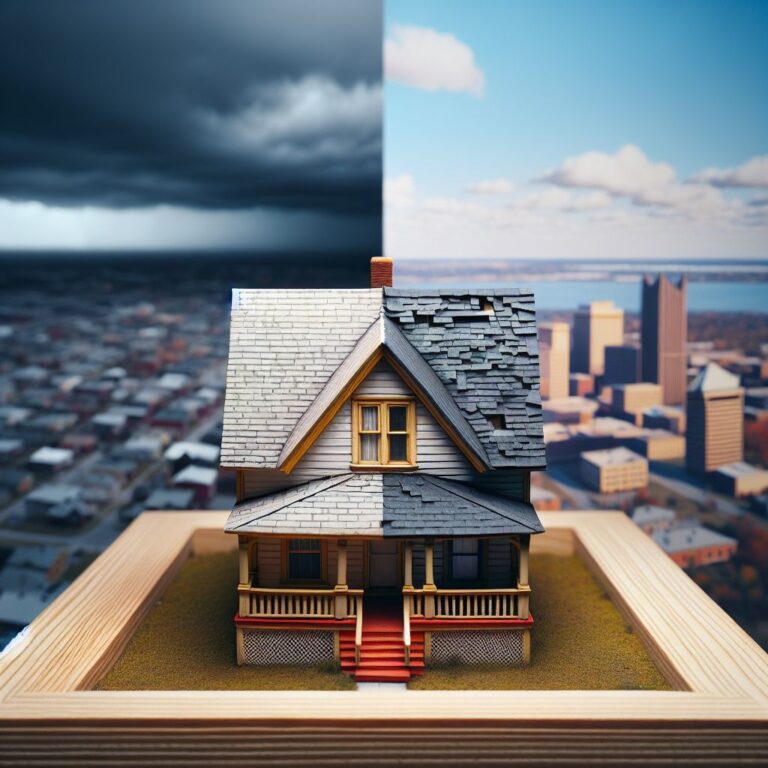 A close-up of a well-crafted miniature house model at an angle, showcasing half of the roof with shingles in excellent condition and the other half visibly damaged, all set against a blurred backdrop of a Toledo skyline under an overcast sky, reflecting the city's climate challenges. The image should convey a serene mood with soft, natural lighting to emphasize the contrast between repair and replace options without any human presence or faces.