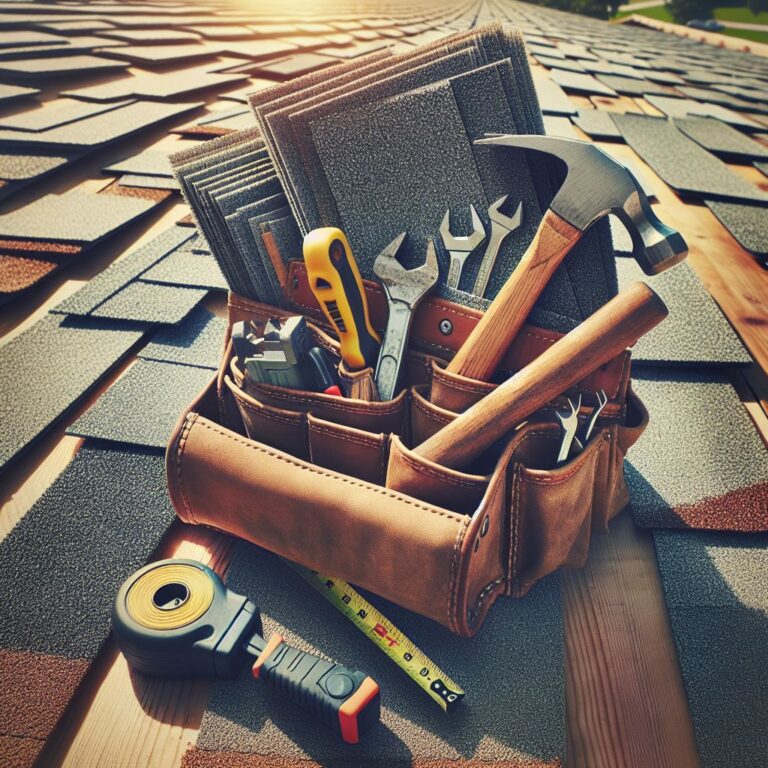 A close-up photo of a well-organized roofing tool belt with a hammer, measuring tape, and a bundle of new shingles resting on top of a wooden roof with visible, slightly wind-damaged shingles in the background. The environment suggests a clear, sunny day with no people or faces in the shot, and the atmosphere communicates the calm before repair work begins, exuding a sense of preparedness and DIY ethos.
