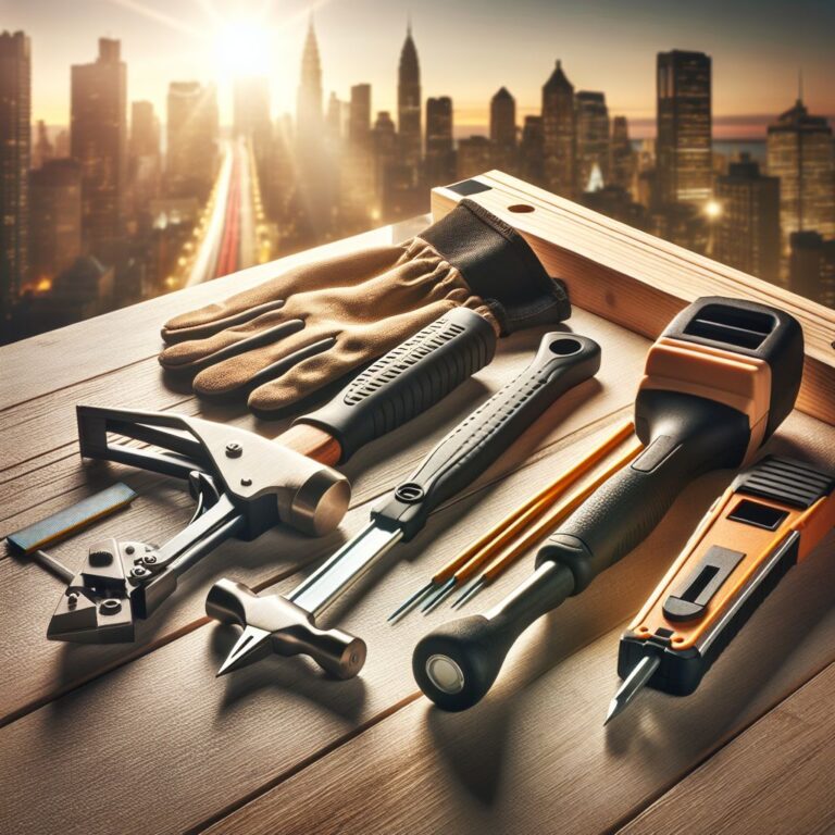 A close-up photo of a well-organized set of new roofing tools including a hammer, roofing nail gun, utility knife, chalk line, and work gloves laid out neatly on a wooden workbench, with the blurred background of a sunlit Toledo skyline, ensuring a focused yet relevant context for DIY roofing repair. The image should have soft lighting to give off an inviting and reassuring atmosphere, with no people or faces visible in the frame.
