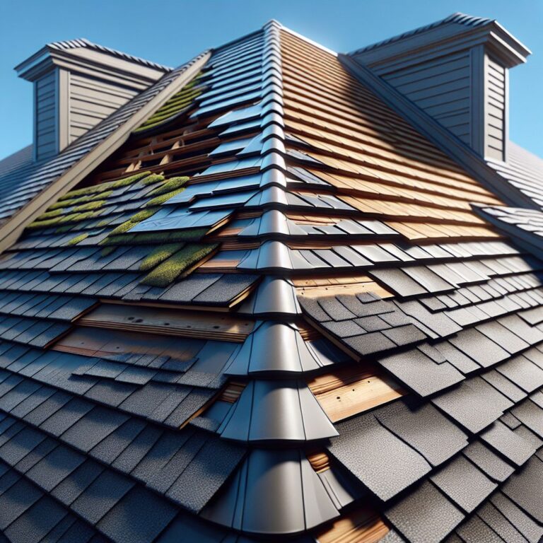 Close-up of a Toledo-style house's roof section that is partially repaired, showing a contrast between new and old shingles. The new area has metal or slate roofing, while the old section has traditional asphalt shingles. Include visible early signs of damage like moss growth and a few missing shingles on the old part. Set during a clear day with ample sunlight to highlight the textures and materials, with the clear blue sky in the background, ensuring no text, faces, or complex objects are visible in the scene. The composition focuses on the roof with a perspective that emphasizes the repair work, aiming for a tidy and straightforward aesthetic with a photo-realistic finish.