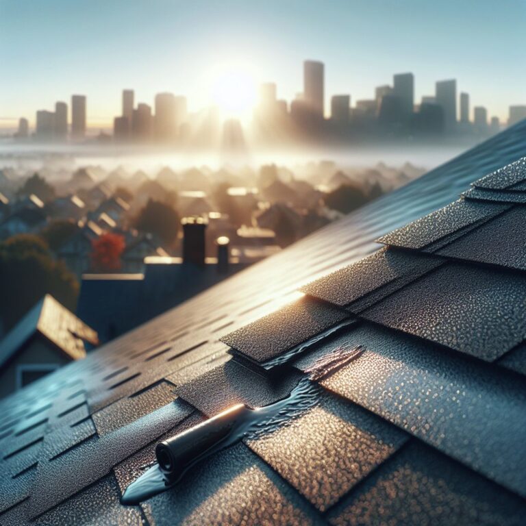A close-up, high-resolution image of a well-maintained asphalt shingle roof with a slight sheen of morning dew, showcasing a few patches of freshly applied roofing tar in one corner. In the background, there's a blurred view of Toledo's skyline with a clear blue sky above. The atmosphere should convey early morning tranquility with a hint of sunlight beginning to crest over the rooftops, casting gentle rays that subtly highlight the roof's texture and repair work. No people or distinguishing features should be present, maintaining a clean and professional aesthetic.