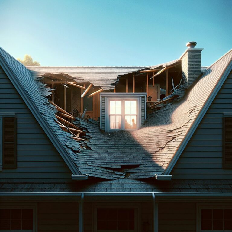 A photo-realistic image of a partially visible house with a focus on the damaged roof that has granule accumulation in the gutters, some missing shingles, and a slightly sagging structure implying disrepair. The background shows a clear blue sky with the suggestion of an attic window that reveals just a glimmer of sunlight. The composition emphasizes the contrast between the worn-out roof and the sturdy, intact parts of the house. The overall mood is somber yet hopeful, capturing the moment right before a decision is made for repair or replacement. No faces or text are included in the image, and the number of objects is limited to maintain a clean, simple composition.
