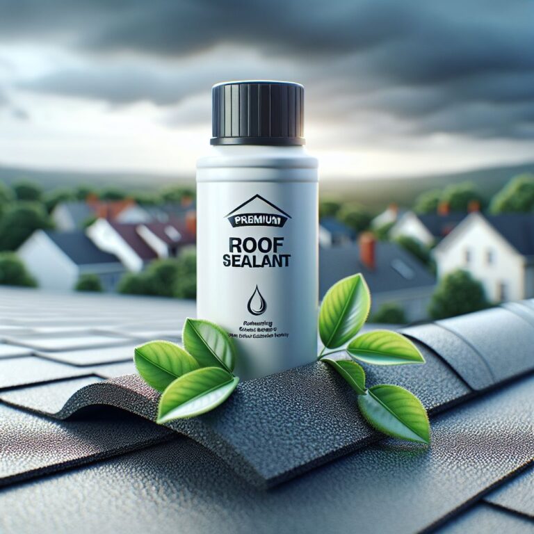A close-up, high-resolution, photorealistic image of a sleek, modern white bottle labeled "Premium Roof Sealant" resting on a textured asphalt shingle, with a few fresh leaves scattered around, symbolizing recent repairs. The background shows a blurred residential Toledo neighborhood with visible roofs under a cloudy sky, hinting at the changing weather conditions. The overall mood of the photo is professional and reassuring, with a color scheme that reflects a cool, early morning light, suggesting the ideal time for home maintenance.