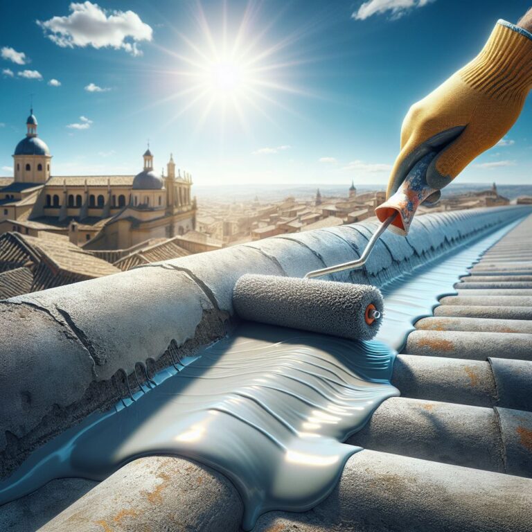 A close-up, high-resolution, photorealistic image of a cement roof section under a clear blue sky in Toledo, with one section featuring a freshly applied layer of liquid roof sealant using a paint roller, still glistening as it dries, reflecting the sunlight. No people or faces are visible, and the composition is simple, clean, and focuses on the contrast between the untreated roof surface and the treated, sealed area, showcasing the texture difference. The atmosphere suggests a warm, sunny day, indicative of good conditions for roof repair, with an emphasis on eco-friendliness and durability conveyed through the natural lighting and clear sky.