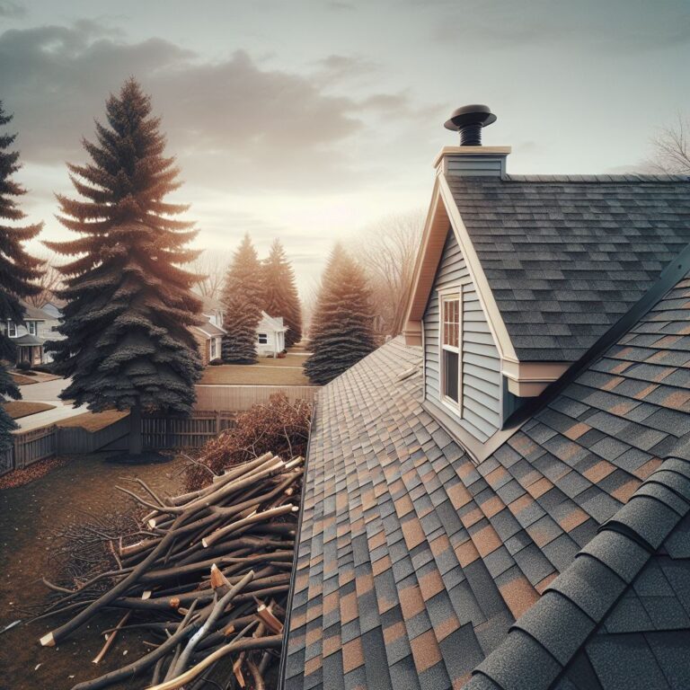 A well-maintained shingled rooftop of a house in Toledo with clean, debris-free gutters, set against a backdrop of overcast pre-winter skies, showcasing recently trimmed tree branches neatly piled beside the house, and a visible attic vent to imply proper ventilation, all bathed in the soft, diffuse light of a late autumn afternoon, without any people or faces in the frame, maintaining a simple, uncluttered, and realistic photographic style.