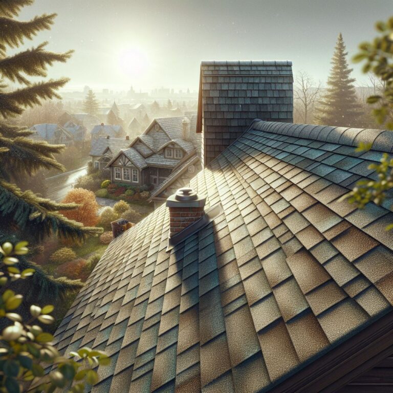 "A high-resolution, photorealistic image of a well-maintained, shingled roof on a sunny day in Toledo, with clear skies and a view that highlights the intact shingles, clean gutters, and a chimney. Surrounding trees are in the midground with their branches swaying lightly in a gentle breeze, indicative of the changing seasons. The background shows a hint of the Toledo cityscape. The atmosphere is calm and reassuring, showcasing a sense of diligence and care in home maintenance."