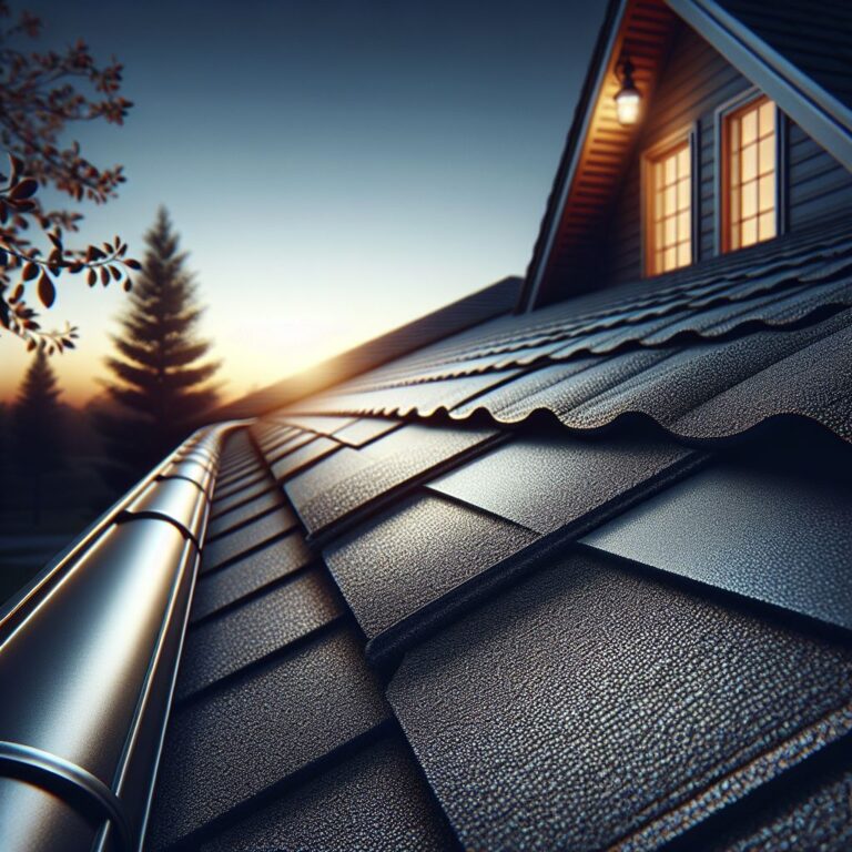 "A close-up photo of weather-resistant roof shingles on a house, showcasing their texture and quality, set against the soft light of a clear dusk sky in Toledo. In the background, the subtle silhouette of a well-maintained gutter system can be seen, complemented by trimmed branches from nearby trees. No faces or text are present, maintaining a clean and simple composition."